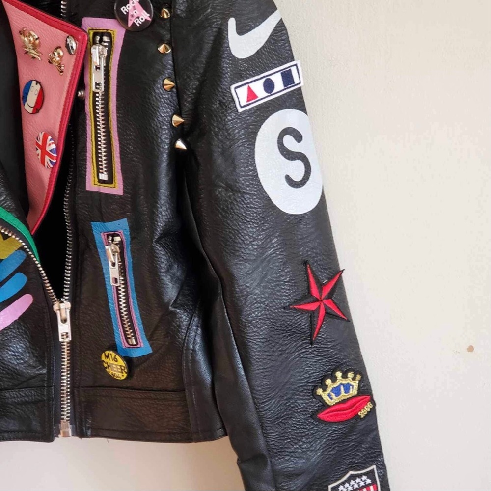 SX Honey Pot Black Faux Vegan Leather Jacket Slipknot Graffiti Punk Moto NWT XS - Picture 9 of 10